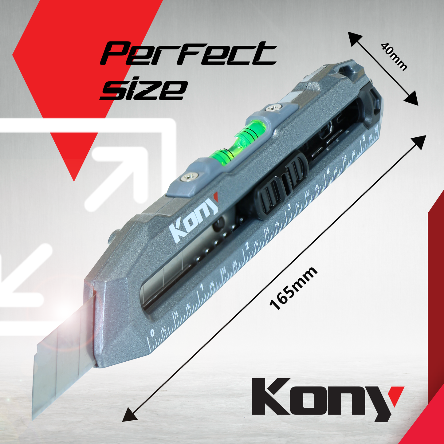 Kony, Heavy Duty Utility Knife, Carpet Cutter, Box Cutter Retractable w/Ruler, Water Bubble Level - Perfect Knife for Crafting, Cutting & Home Projects - Precision Knife (Inches Ruler)