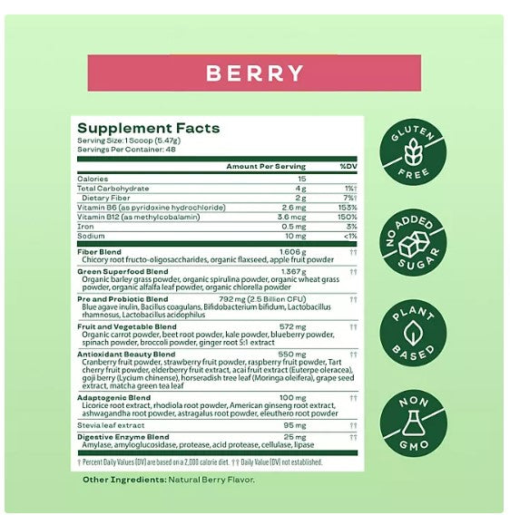 Bloom Nutrition Greens & Superfoods Powder, Berry, 0.5 lbs.