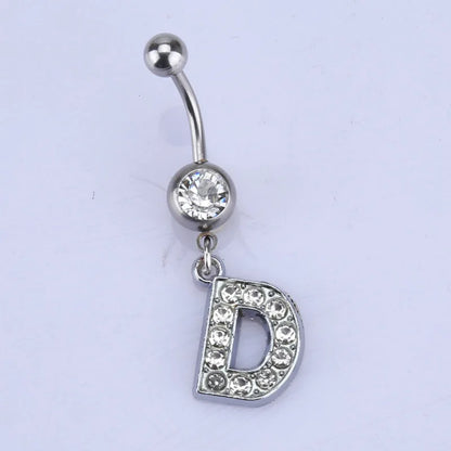 Letters A-Z Belly Button Ring Navel Piercing Bar Dangling Stud Crystal Stainless Steel Zircon for Woman Body Jewelry 14G