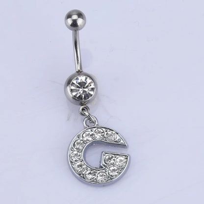 Letters A-Z Belly Button Ring Navel Piercing Bar Dangling Stud Crystal Stainless Steel Zircon for Woman Body Jewelry 14G