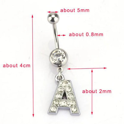 Letters A-Z Belly Button Ring Navel Piercing Bar Dangling Stud Crystal Stainless Steel Zircon for Woman Body Jewelry 14G