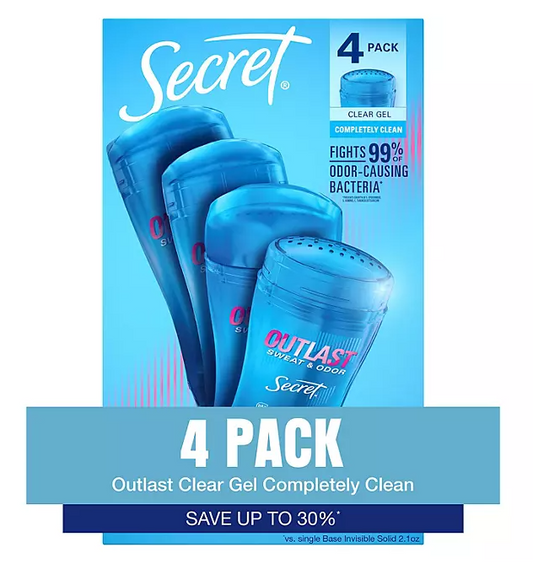 Secret Outlast Clear Gel Deodorant, Completely Clean, 2.6 oz., 4 pk.