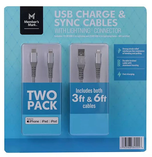 Member's Mark Apple USB Lightning 3ft and 6ft Cables (2 pk.)