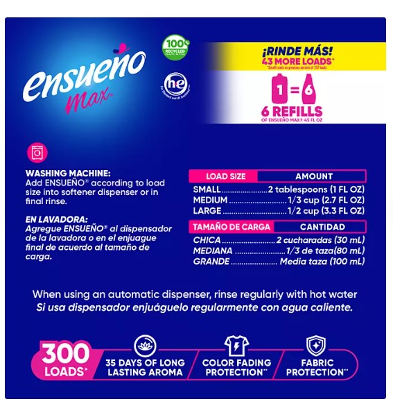 Ensueño Max Liquid Fabric Softener, Spring Fresh Scent, 300 loads, 304 fl. oz.