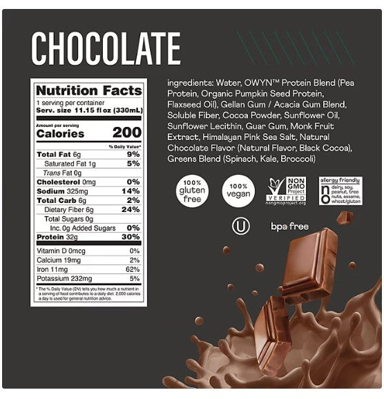 OWYN Pro Elite 32g Keto Plant Protein Shake, Chocolate 11.15 fl. oz., 15 pk.